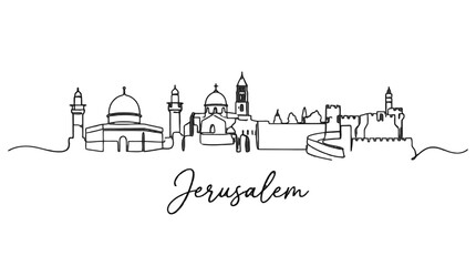 Naklejka premium Minimalist Line Drawing of Jerusalem's Historic Skyline with Iconic Landmarks and Scripted City Name