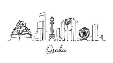 Obraz premium Minimalist Line Art Illustration of Osaka Skyline Featuring Famous Landmarks and Cityscape Elements