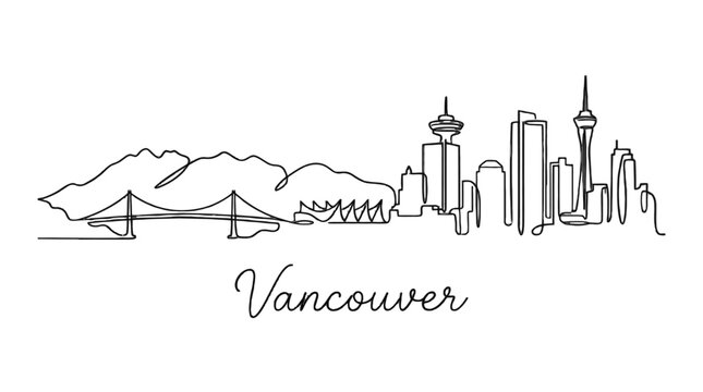 Minimalist Line Drawing of Vancouver Skyline Featuring Iconic Structures and Natural Mountain Backdrop