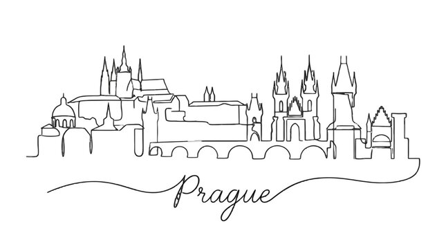 Minimalist Line Drawing of Prague Castle and Historic Landmarks in a Continuous Silhouette