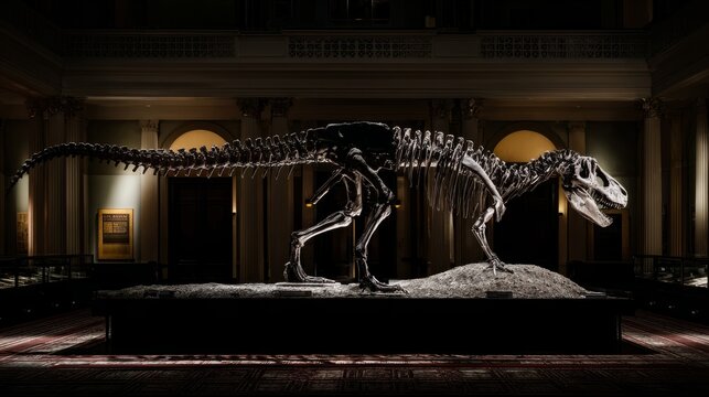 unearthing. Museum diorama of a newly discovered dinosaur skeleton silhouette in stone. STEM education sheets, lab safety posters, designed for biotech research communications.
