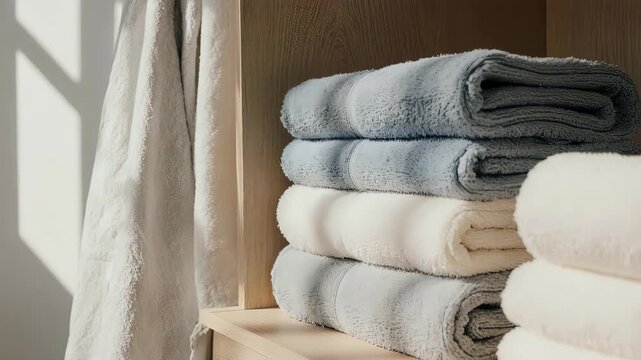 Sunlight streams onto a stack of fresh clean towels on a wooden shelf.