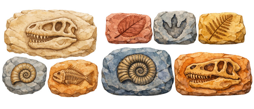 A watercolor set of archeologic fossils for paleontology designs, dinosaur themes, ancient history illustrations, and prehistoric discovery artwork
