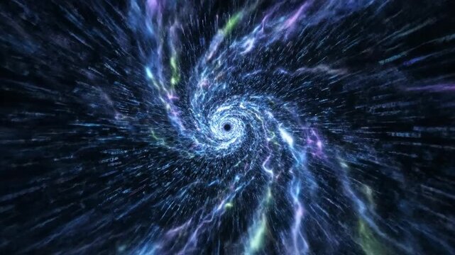 Abstract hyperspace travel through dynamic cosmic tunnel with glowing light streaks and warp speed effect background