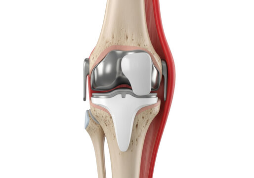 Detailed sagittal cross-section of a human knee joint after total knee arthroplasty, showing metallic implants, white polymer, bone texture, and a crimson tendon, scientific visualization concept