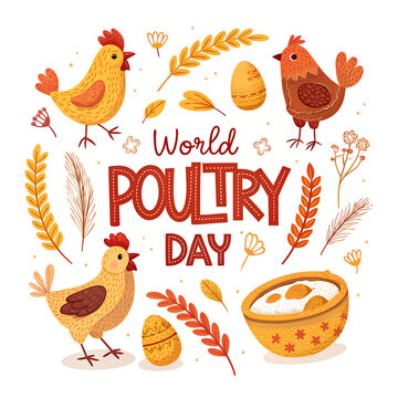 World poultry day greeting card with stylized chickens and farm bowl