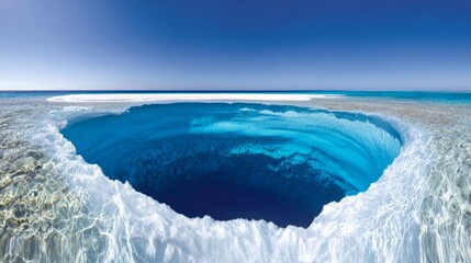 defying. A mesmerizing inverted whirlpool of ocean water defying gravity, revealing the terrifying abyss beneath. travel magazines. 