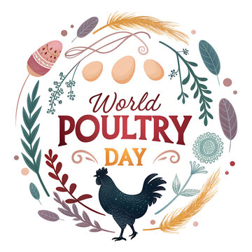 World poultry day banner with rooster eggs and floral wreath design