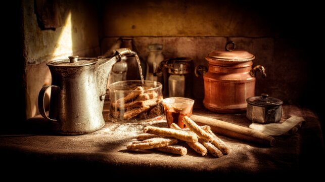 nostalgic. Vintage kitchenware holding handcrafted snacks, bathed in warm nostalgic light. menu design, packaging mockups, designed for culinary blogs and recipe cards for restaurants.

