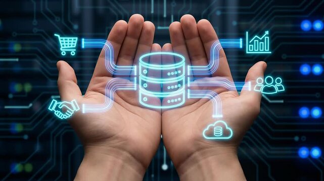 ERP system in hands showing enterprise resource planning for business process automation with data and cloud icons, digital data storage, and workflow management for business automation process