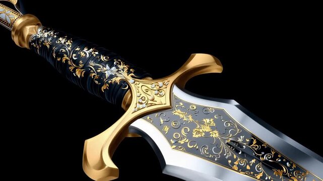 Detailed view of an ornate sword with a beautifully designed blade and handle showing intricate patterns and colors