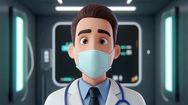 Cartoon doctor in futuristic medical lab confronting viewer, standing in high‑tech clinic with glowing green windows, captured in illustration view