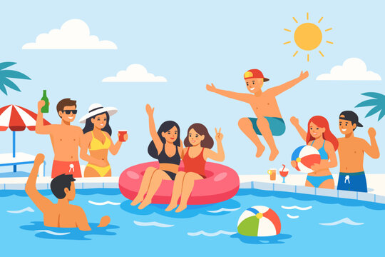 Group of happy young people enjoying a summer pool party with friends, jumping into blue water, relaxing on inflatable rings, playing with beach balls, drinking cocktails under a bright sunny sky