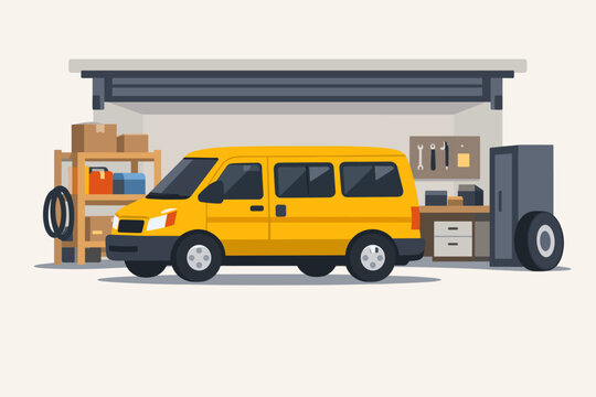 Yellow School Van Parked in an Organized Garage with Workbench, Tools, Storage Shelves, and Spare Tires. Simple Flat Vector Illustration of a Vehicle Maintenance Space on a Light Background.