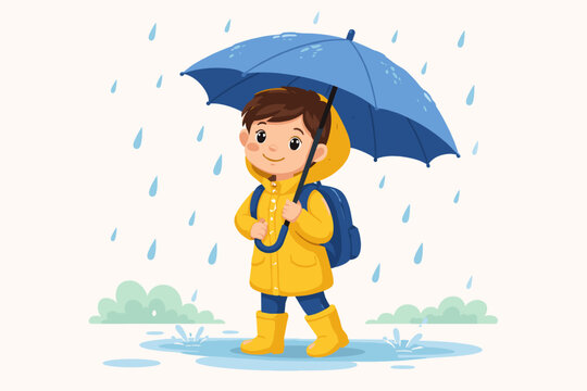 Cute Little Schoolboy Wearing a Yellow Raincoat and Boots Holding a Blue Umbrella While Walking in the Rain with a Backpack, Flat Vector Illustration of a Child Going to School on a Rainy Day