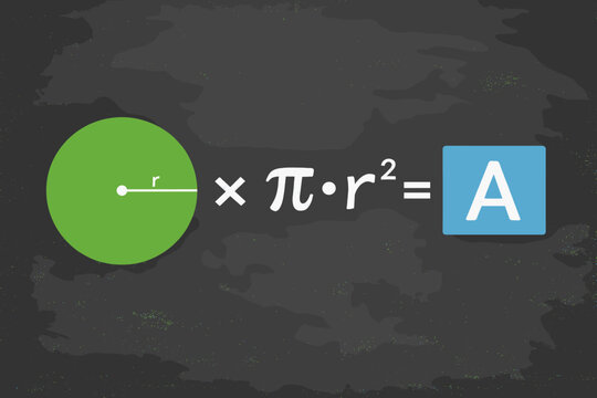 Mathematical Formula for the Area of a Circle with Radius r and Pi Constant on a Blackboard Background, Educational Vector Illustration for School Geometry Lessons, Science and Learning Concept