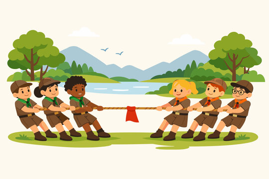 Diverse Group of Happy Boy and Girl Scouts in Uniform Playing Tug of War Game in a Beautiful Nature Park with Lake and Mountains Background, Outdoor Summer Camp Activity Flat Vector Illustration