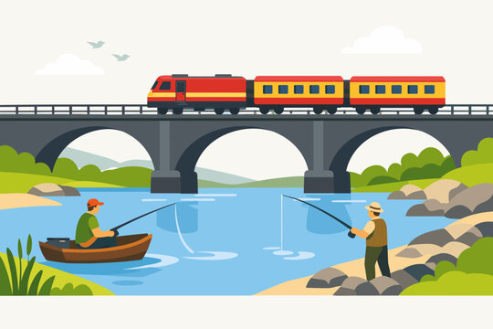 Vibrant flat vector illustration of a red passenger train crossing a stone arch bridge over a calm river where two fishermen are angling, one in a wooden boat and another on the rocky riverbank.