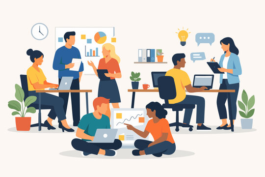 Diverse Team of Professionals Collaborating in a Modern Office Workspace, Men and Women Working Together with Laptops and Data Charts, Creative Brainstorming Flat Vector Illustration Scene.