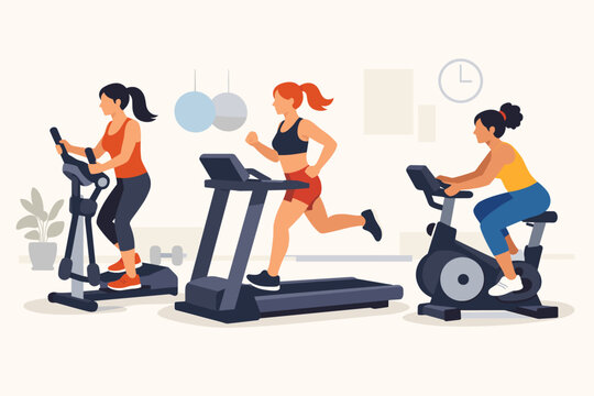 Group of Diverse Women Working Out in a Modern Fitness Center Using Cardio Equipment Like Treadmill, Elliptical Trainer, and Stationary Exercise Bike, Simple Flat Vector Illustration Design
