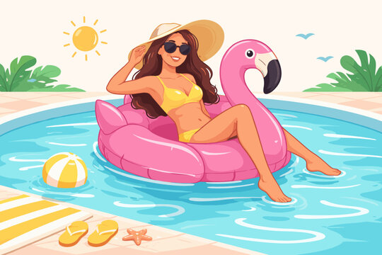 Vector illustration of a beautiful woman in a yellow bikini and sun hat relaxing on a pink flamingo pool float in a sunny swimming pool. Summer vacation, leisure, and tropical relaxation concept.