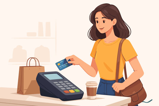 Young woman paying with a credit card at a retail store checkout counter using a POS terminal, flat vector illustration of a customer making a contactless payment with shopping bag and coffee cup.