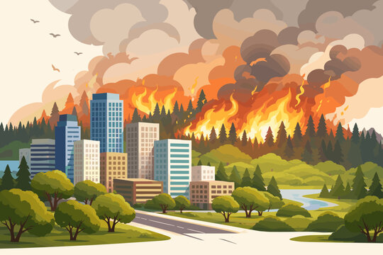 Modern city skyscrapers under threat from a massive forest wildfire with intense flames and thick smoke, environmental disaster, climate change impact, flat vector illustration style.