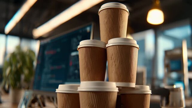 Stack of coffee cups in an office setting with computer screens and a plant on a wooden desk during the day