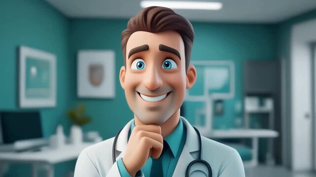 Friendly cartoon doctor smiling and looking at the camera in a medical office, professional, healthcare