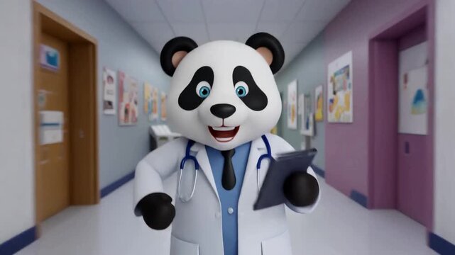 Cute cartoon panda doctor in white coat and stethoscope holding a tablet in a hospital hallway, looking friendly