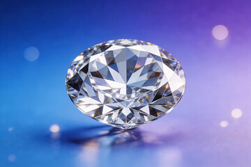 A faceted diamond gemstone with brilliant reflections and sharp cuts, showcasing its clarity and luxury. Set against a gradient blue-purple background with subtle bokeh effects.