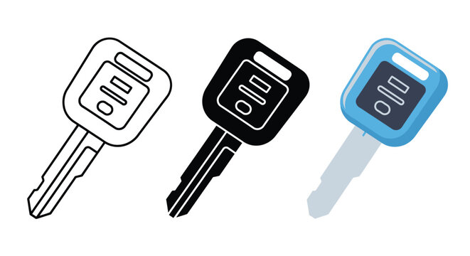Digital drawing depicting a set of three car keys with an outline, black, and blue remote style for vehicles.