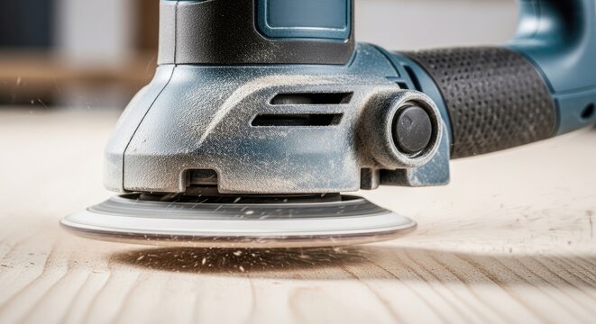 Close-up of an electric sander on wood.