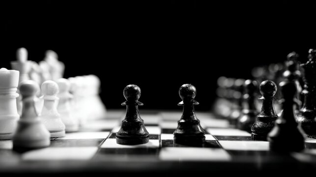 endgame. Tense chess endgame with black and white pieces in confrontation. public awareness campaigns, NGO reports, designed for public awareness campaigns and NGO communications.
