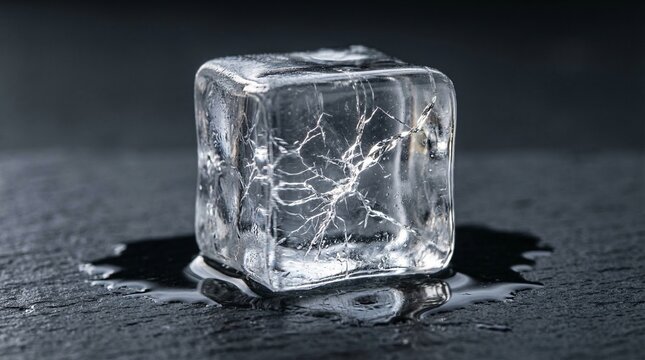 Transparent Ice Cube Melting on a Dark Surface, Capturing the Essence of Coolness