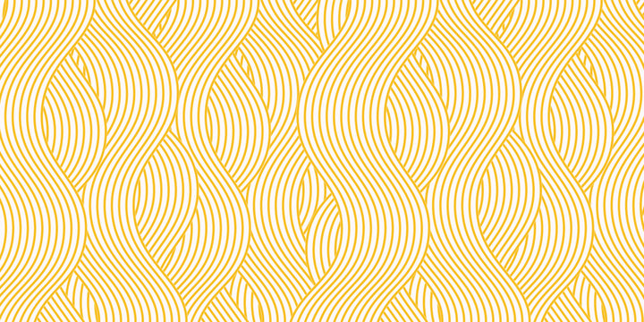 Yellow instant noodle, pasta and spaghetti texture with geometric wavy lines. Ramen, pasta vector pattern. Background abstract food illustration
