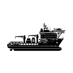 Obraz premium Black silhouette of an industrial offshore vessel, equipped with cranes and a helipad, symbolizing advanced maritime logistics and heavy cargo handling