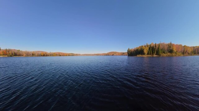 Gentle low-altitude drone glide over calm lake at sunrise, smooth cinematic tracking shot of vibrant autumn forest and peaceful water reflections