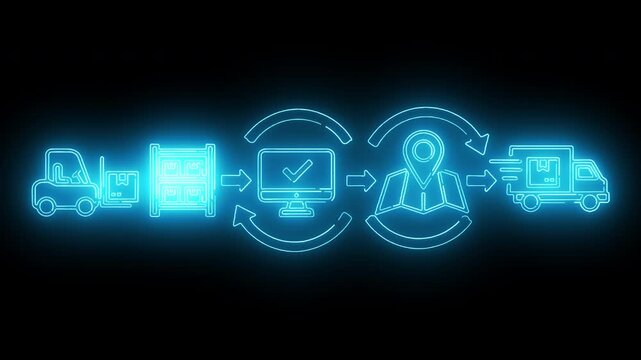 Neon-lit icons depicting logistics and communication on a dark background with a glowing blue workflow diagram.