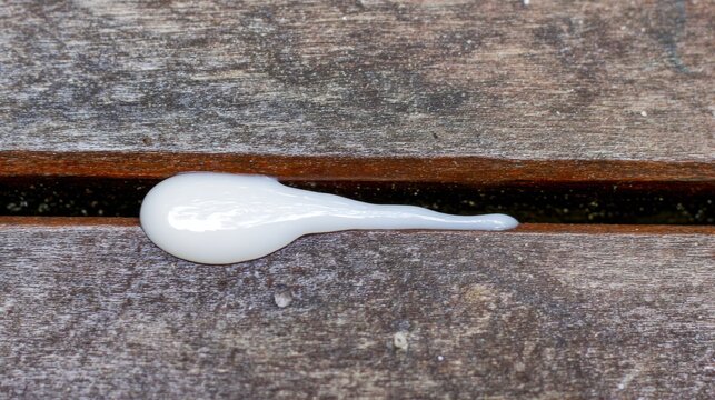 sealant. Smooth white sealant bead filling a gap between dark wood planks. safety posters, maintenance manuals, designed for precision metalworking and fabrication facilities, clarifies operation.
