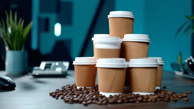 Coffee cups stacked on a table with coffee beans and a laptop in a dimly lit workspace at night