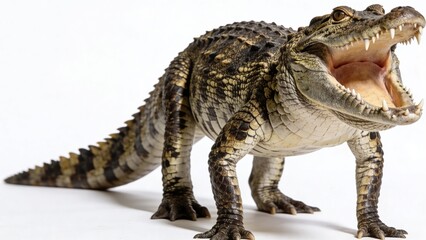 Fototapeta premium Aggressive crocodile with open mouth showing teeth, wild alligator predator on white background, scaly reptile with textured skin and sharp jaws