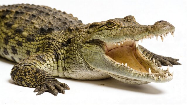 Young crocodile with open mouth on white background, aggressive alligator showing sharp teeth, predatory reptile with textured green scales