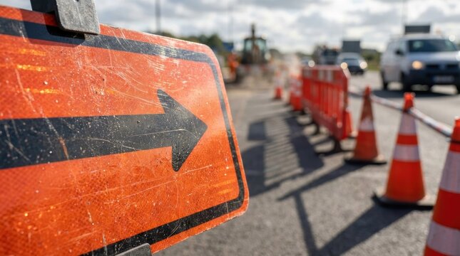 An orange directional sign with black arrow points to the right on road with traffic cones and vehicles in the background.