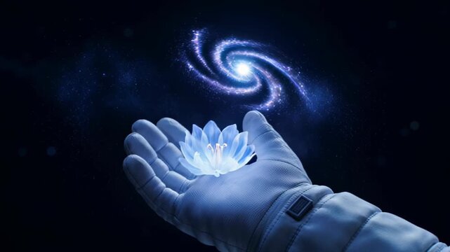 Astronaut hand gently holding a glowing, ethereal blue lotus flower against the deep, dark backdrop of outer space, cosmic wonder.