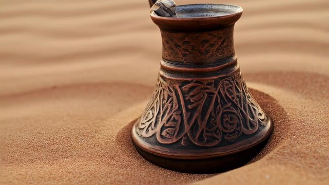 Traditional Coffee Pot in Desert Sand - A Serene Still Life.