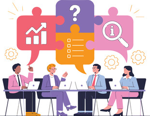 Flat design business meeting illustration with puzzle icons, laptops and teamwork discussion concept on beige corporate background