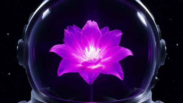Close-up of a glowing, vibrant purple lotus flower reflected inside the dark visor of an astronaut's helmet against deep space background.