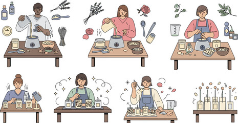 Artisanal candle makers creating botanical scented candles with dried flowers and essential oils in a modern flat line vector style