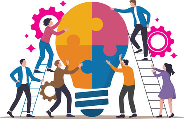 Flat design teamwork concept illustration with people assembling colorful light bulb puzzle representing collaboration, creativity and innovation © md siam ali 